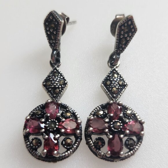 925 SILVER ART DECO STYLE EAR RINGS WITH GARNET AND MARCASITES. - Picture 5 of 7